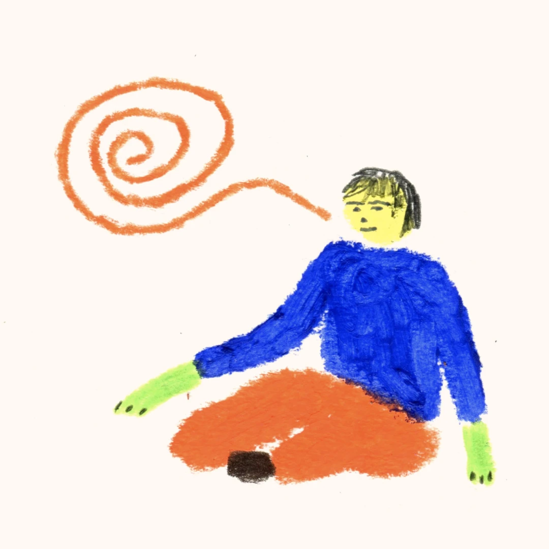 Ilustración de una figura sentada acompañada por una espiral